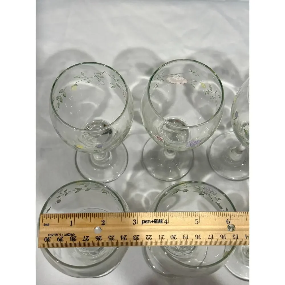 Set of 8 Vintage Libbey Floral Stemmed Wine Glasses Pastel Flower Vine Pattern